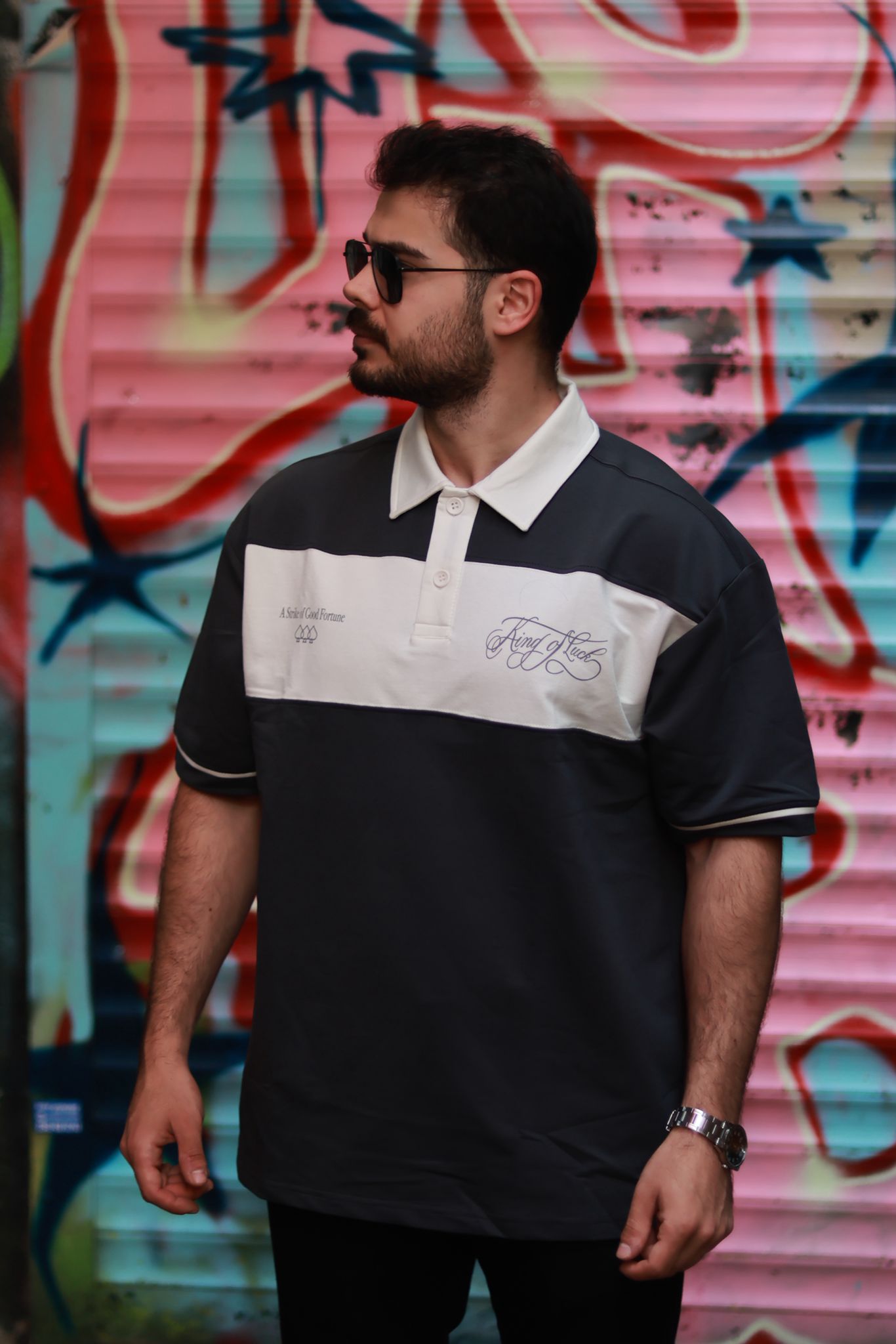 Oversize Sokak Stili Antrasit Beyaz Bloklu Polo Tshirt Erkek