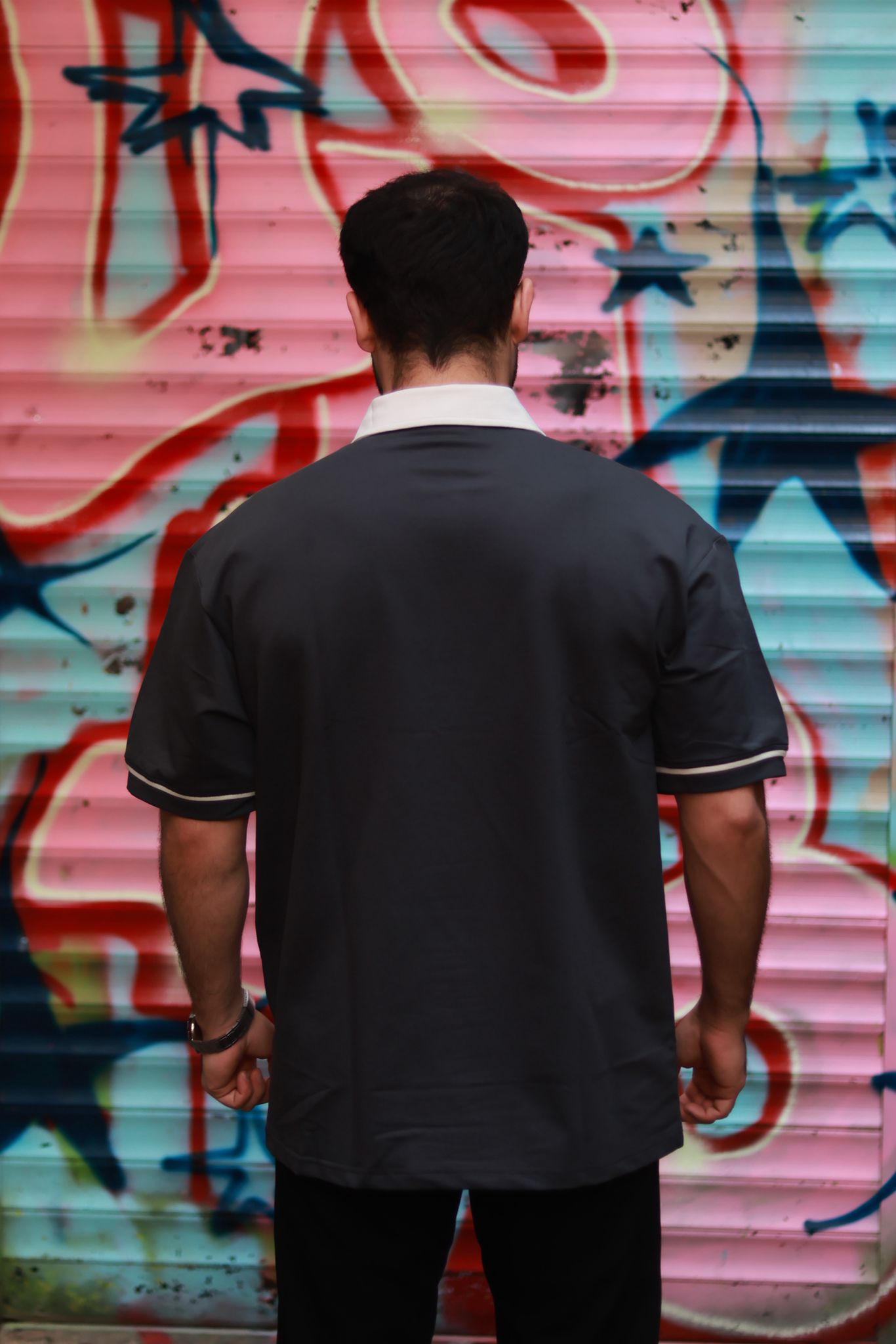 Oversize Sokak Stili Antrasit Beyaz Bloklu Polo Tshirt Erkek