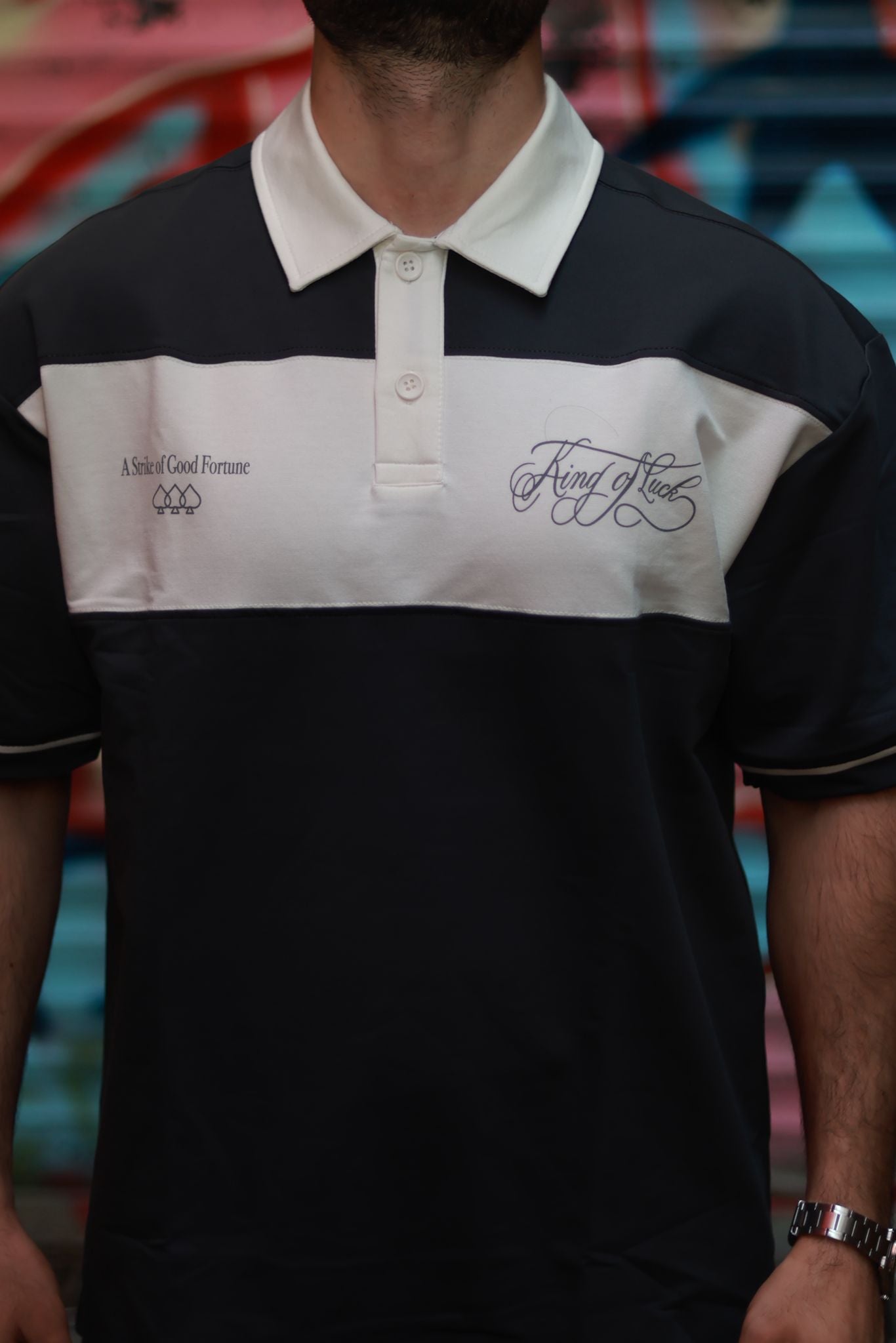 Oversize Sokak Stili Antrasit Beyaz Bloklu Polo Tshirt Erkek