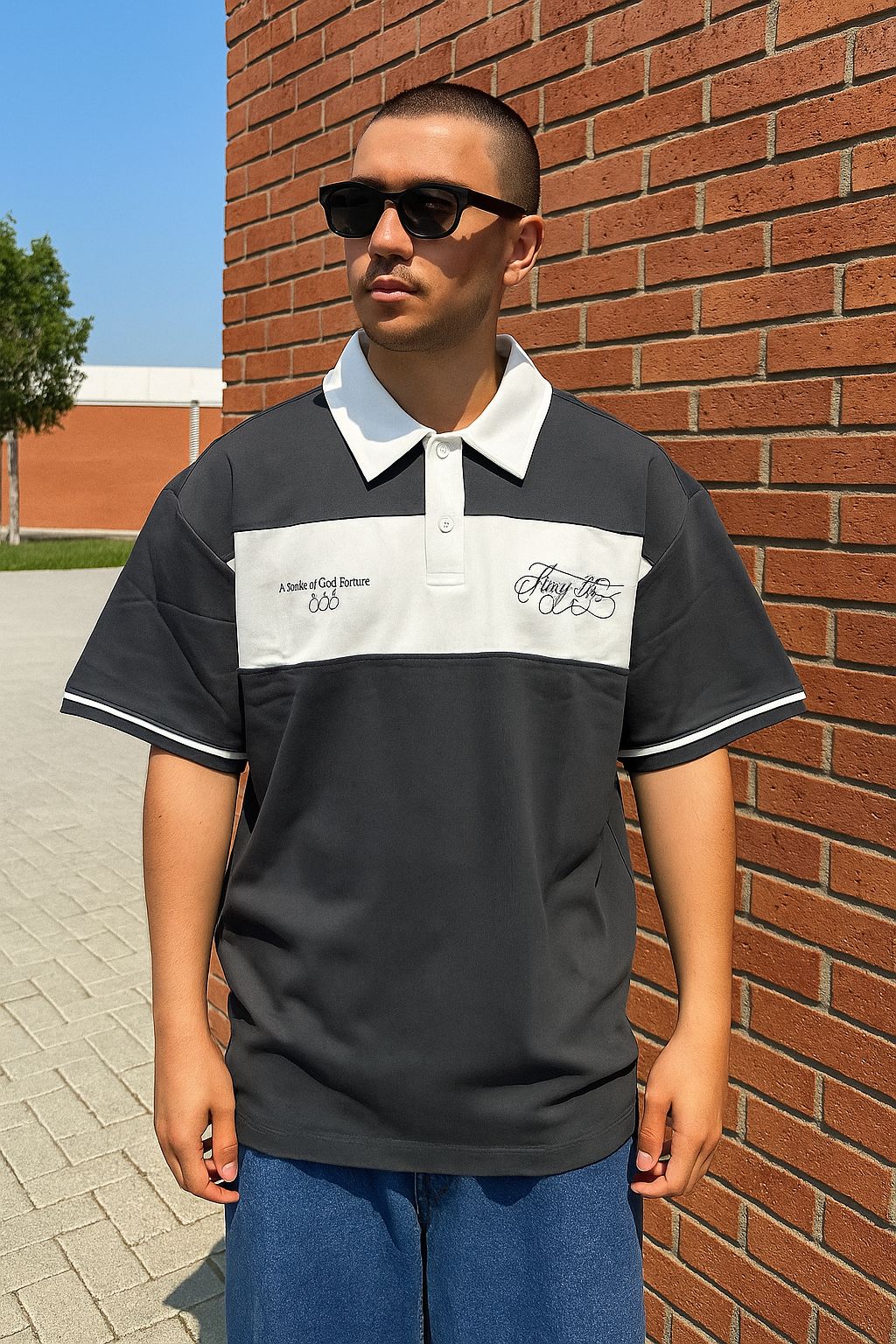 Oversize Sokak Stili Antrasit Beyaz Bloklu Polo Tshirt Erkek