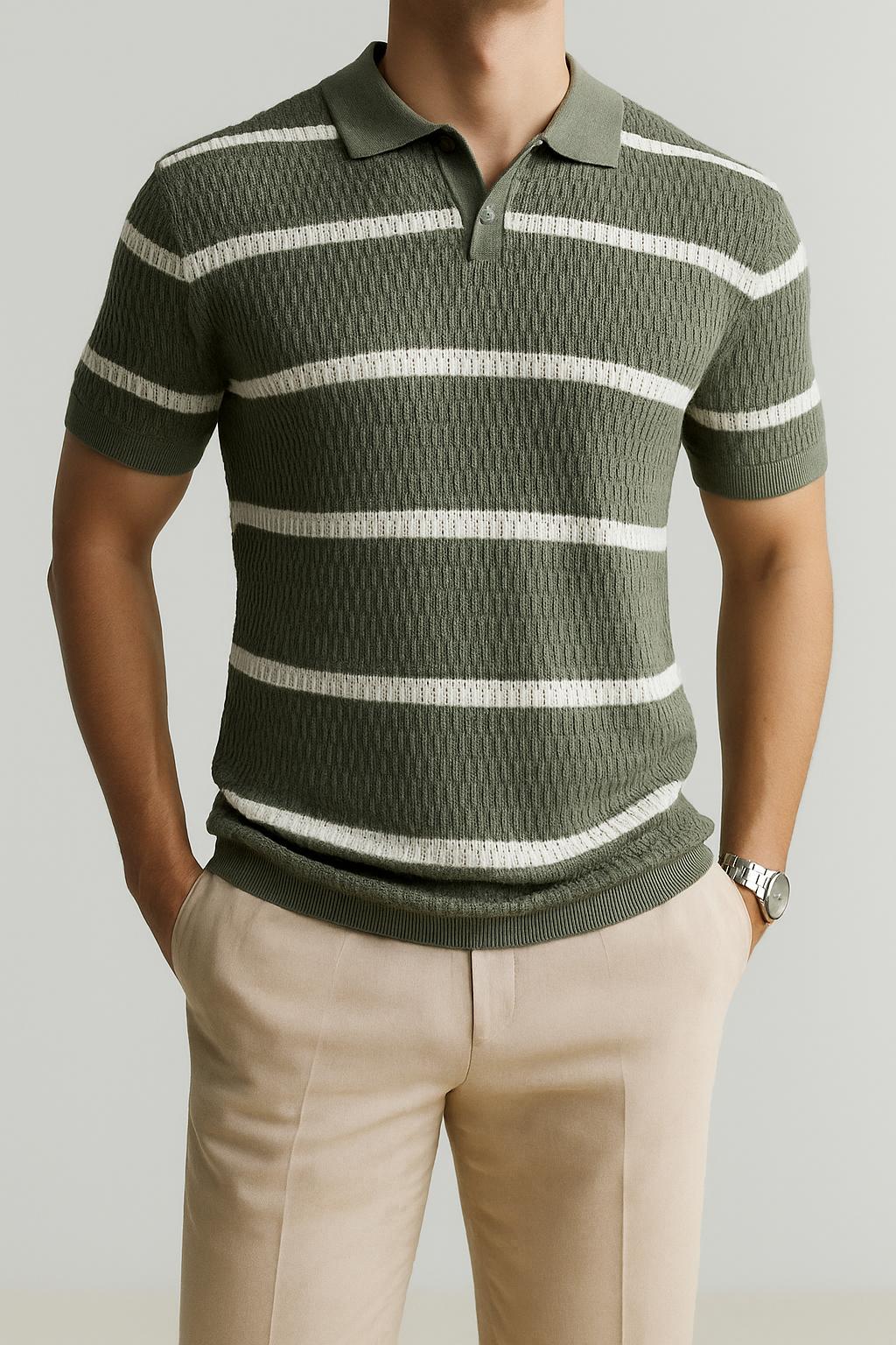 Yeşil Beyaz Şeritli %100 Pamuk Polo Tshirt