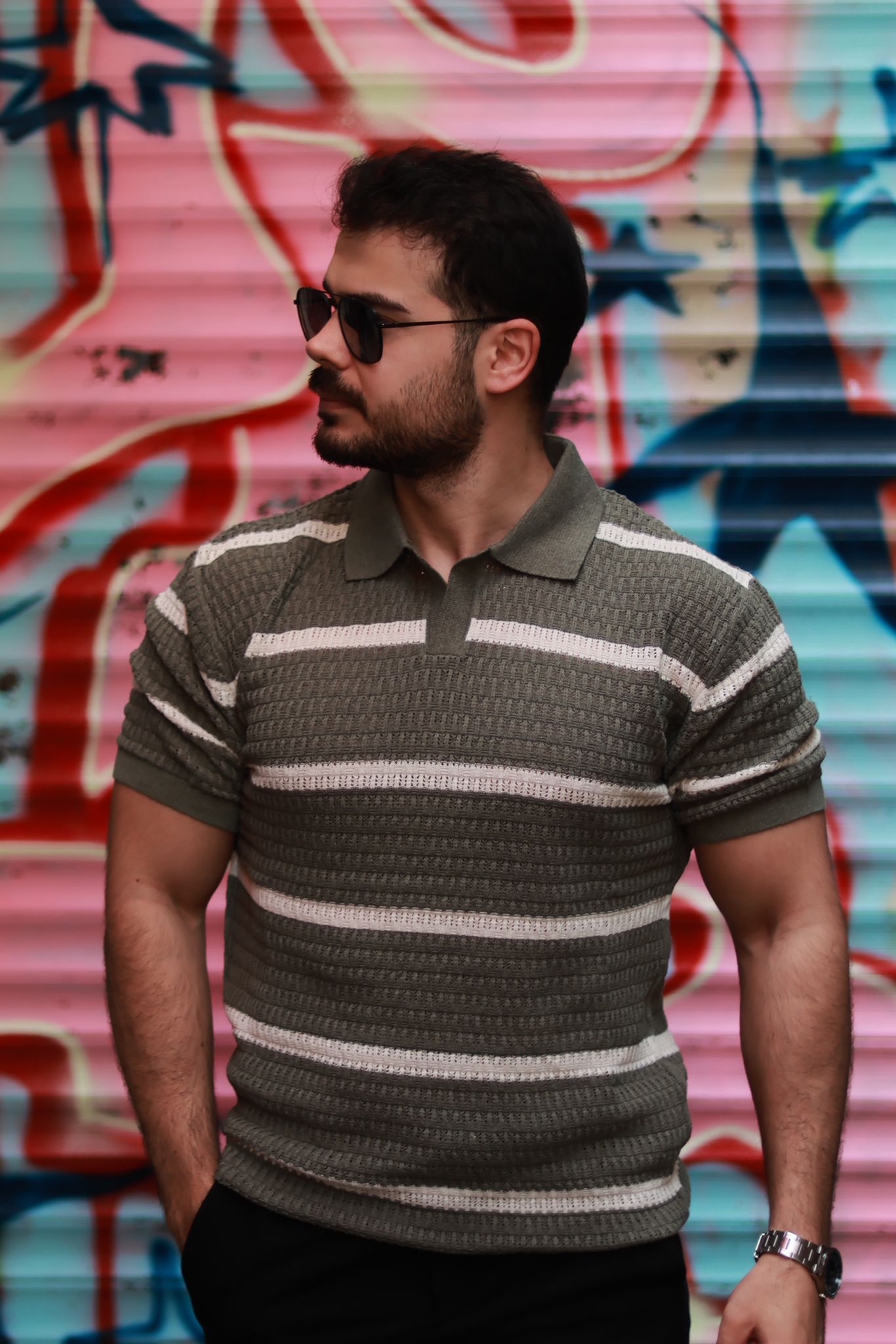 Yeşil Beyaz Şeritli %100 Pamuk Polo Tshirt