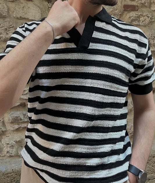 Siyah Çizgili Polo Tshirt Erkek Regular Kalıp
