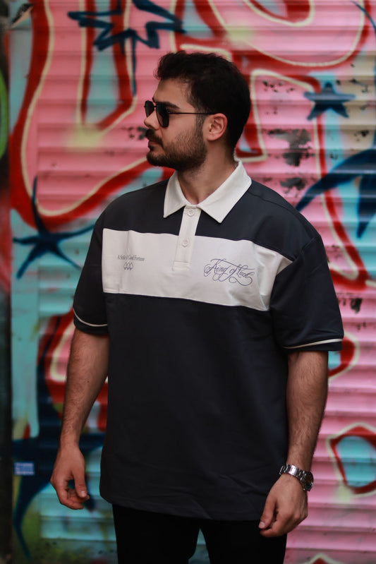 Oversize Sokak Stili Antrasit Beyaz Bloklu Polo Tshirt Erkek
