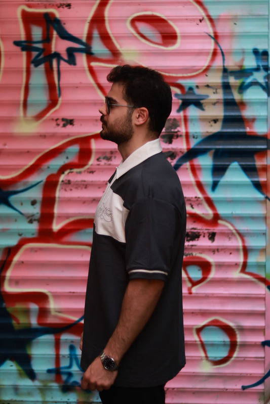 Oversize Sokak Stili Antrasit Beyaz Bloklu Polo Tshirt Erkek