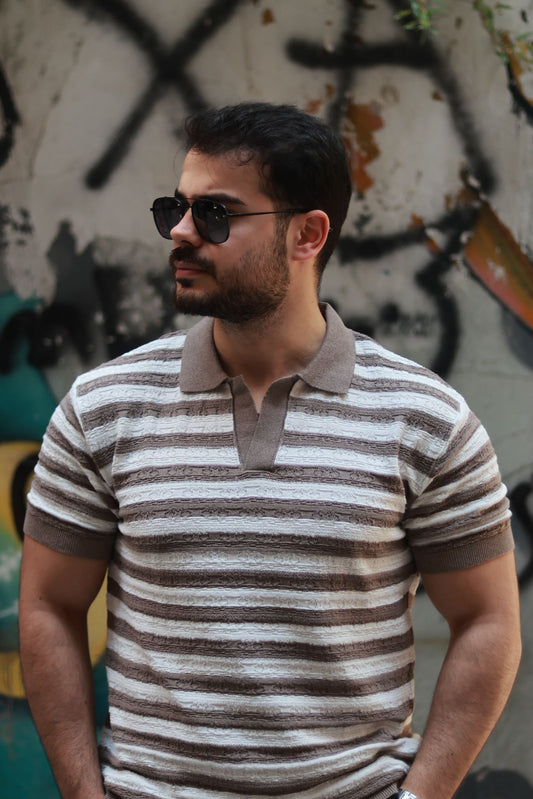 Krem Beyaz Çizgili Polo Tshirt Erkek Regular Kalıp